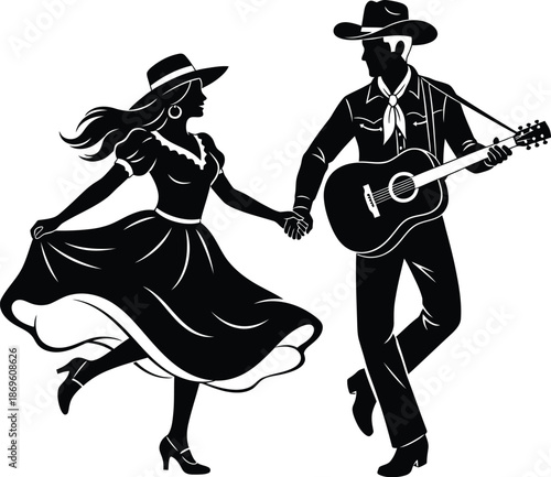 A black and white cartoon illustration of a dancing girl with a guitar dressed as a playful Halloween witch wearing a hat and costume