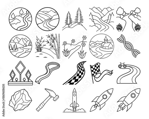 Food and Kitchen Utensils Line Art Icon Set for Coloring Page Featuring Culinary Elements and Cooking Tools in Simple Black and White Outline Style Vector Illustration