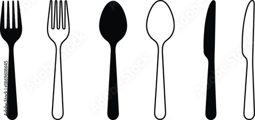 Minimalist cutlery silhouette set featuring fork spoon knife icons isolated on white background for restaurant branding design use