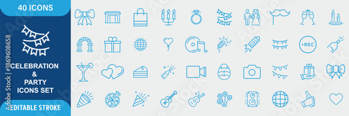 Celebration and Party Line Icon Set. Birthday, Event, Festival, Holiday, Decoration, Confetti, Music, Fireworks and Fun Icons. Editable Outline Stroke. Vector Illustration