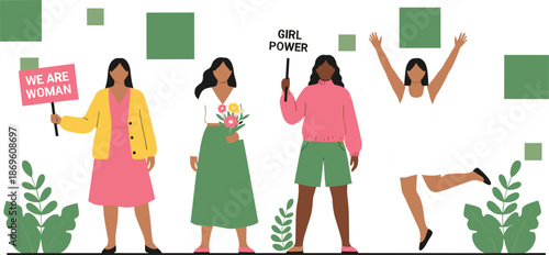 Girl power and women empowerment concept with diverse confident women holding protest signs flat vector illustration