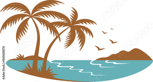 Tropical beach vector illustration with palm trees, sea water, flying birds, and mountains for summer vacation