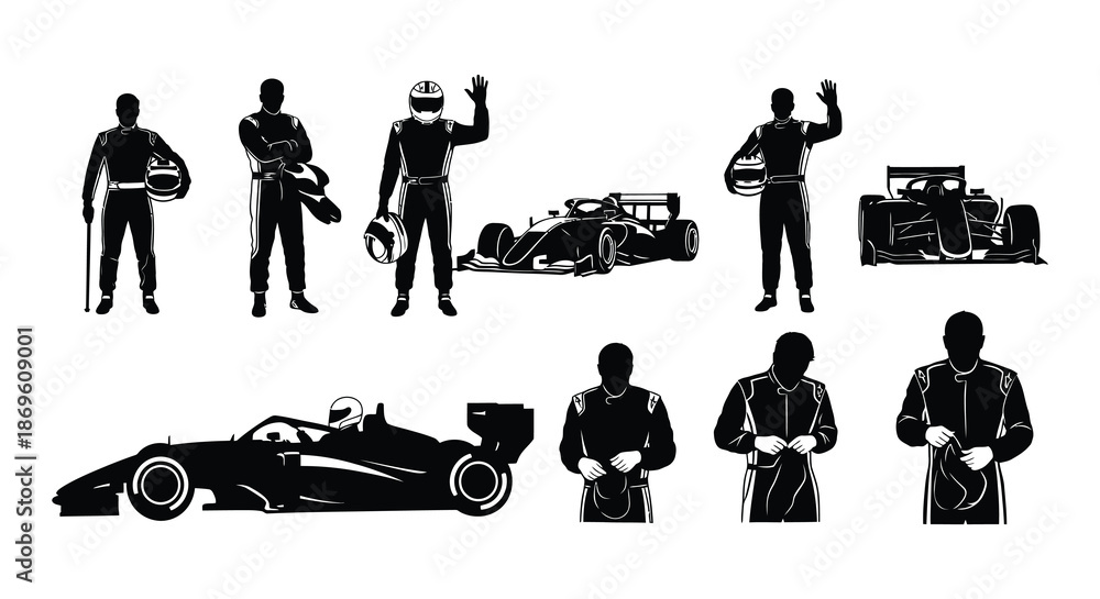 Fototapeta premium Silhouette depictions of race car drivers and a formula one vehicle