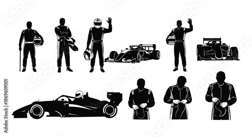 Silhouette depictions of race car drivers and a formula one vehicle