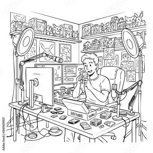 A man is sitting at a desk with a computer and a box of cards. He is smiling