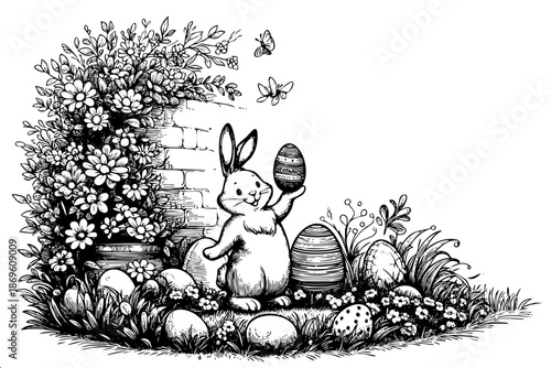 A rabbit is holding an egg in its mouth. There are several eggs scattered around the rabbit. A butterfly is flying near the rabbit