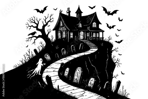 A house with a graveyard in front of it. A ghost is walking down the path. There are many bats flying around the house