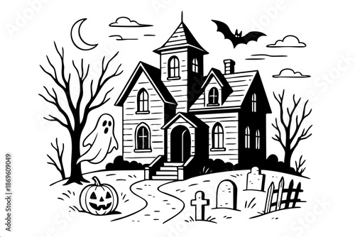 A house with a ghost on the front porch. A pumpkin is on the ground in front of the house