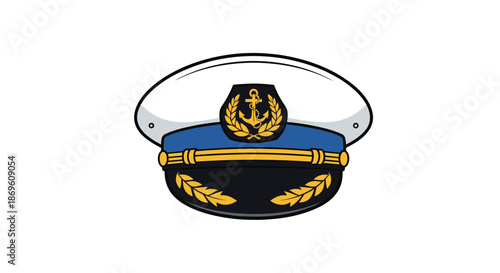 Classic illustration of a nautical captain's hat with a blue band gold braid and an anchor emblem symbolizing maritime authority and adventure.
