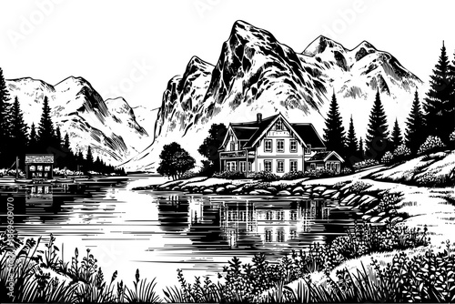A mountain range with a house in the middle. The house is surrounded by trees. There is a lake in front of the house
