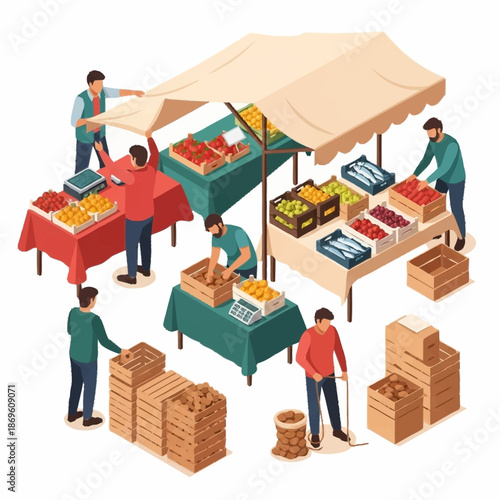 Isometric outdoor market scene with vendors selling fresh produce and goods.