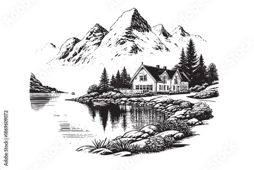 A mountain range with a house in the middle. The house is surrounded by trees