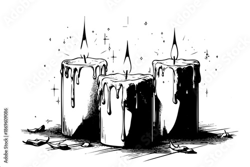 Three candles with dripping wax on them. The candles are lit