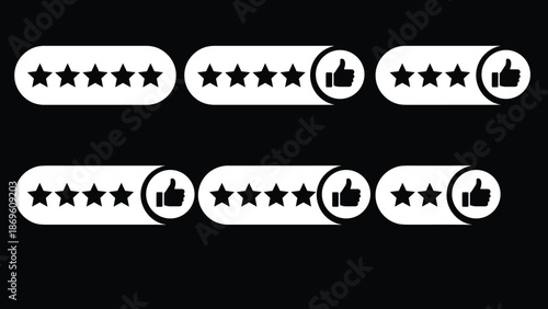 Star rating and thumbs up feedback UI elements set showing customer reviews satisfaction levels on dark background
