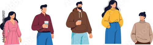 Modern people characters standing in casual outfits isolated on white flat vector illustration