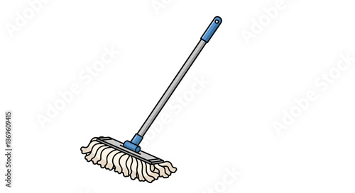 Simple illustration of a floor mop with a blue handle and absorbent strands representing essential household cleaning tools and domestic hygiene.