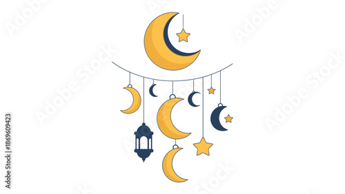 Illustration of a mobile with crescent moons and stars hanging from it