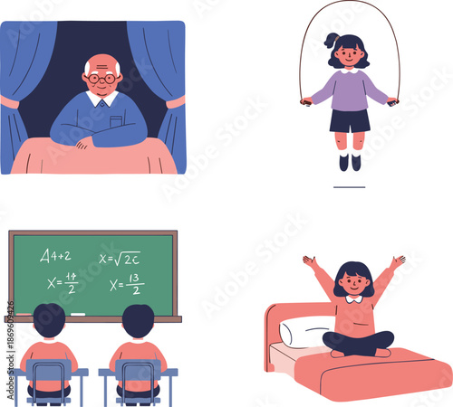 Collection of daily life activities featuring elderly man at window, girl jumping rope, students in classroom, and girl waking up happy.