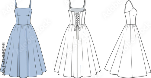 Women sleeveless dress technical fashion illustration showing front back and side views elegant garment design flat sketch isolated on white background