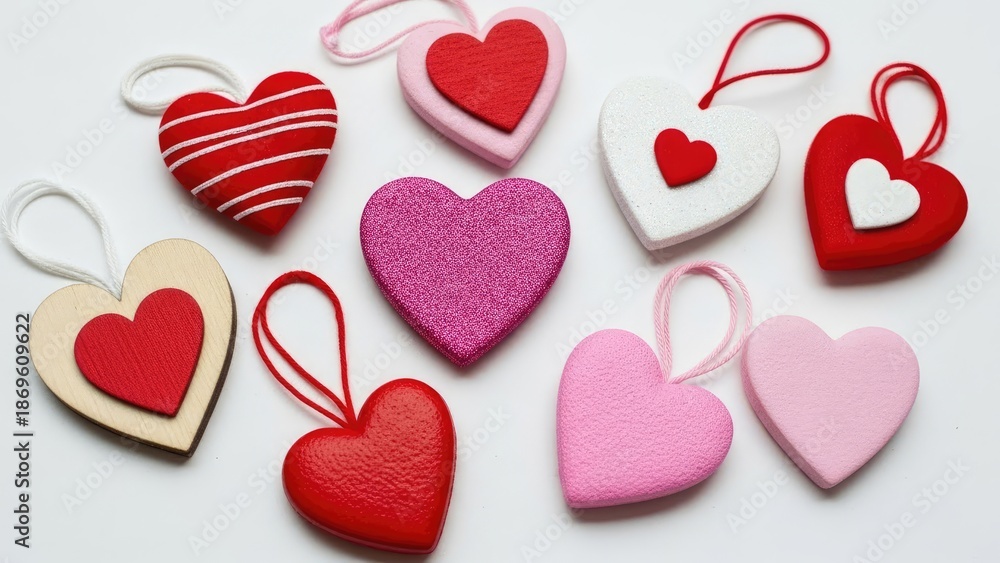 Fototapeta premium colorful hearts with ribbons on white surface