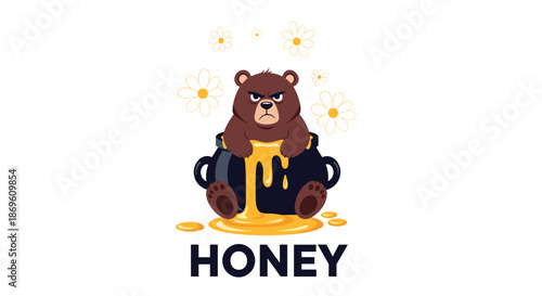 Grumpy cartoon bear sits in a pot overflowing with golden honey surrounded by floating flowers on a white background creating a sweet yet humorous animal illustration.