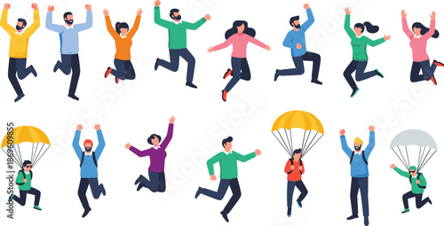 Flat vector illustration of a diverse group of happy people jumping for joy and men skydiving with parachutes on white background.