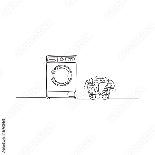 A minimalist line drawing depicts a washing machine and a basket of laundry