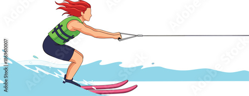 Flat vector illustration of a young woman with red hair water skiing on blue ocean waves, wearing a green life vest.