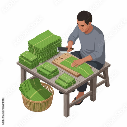 Man preparing banana leaves for traditional food wrapping.
