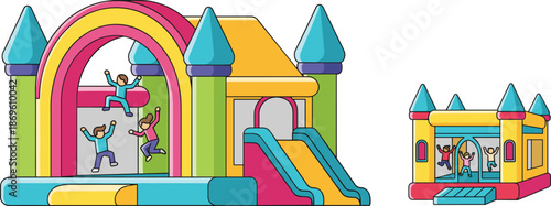 Colorful bouncy castle inflatable playground with slide and jumping kids for children outdoor party entertainment and summer fun activities in the park