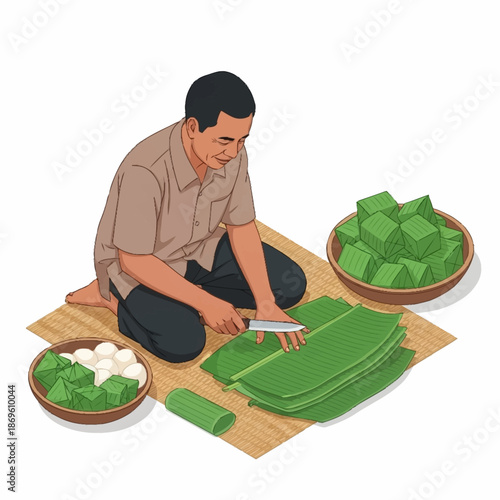 Man preparing traditional Indonesian kue for sale.