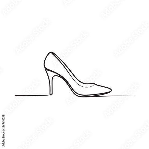 A minimalist line drawing depicts a single elegant high heeled shoe in profile view