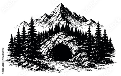 Hand drawn line art illustration of a mountain cave and forest depicting a mysterious landscape for wilderness and exploration concepts