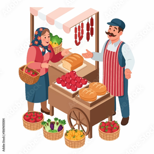Man and Woman at a Food Market Stall.