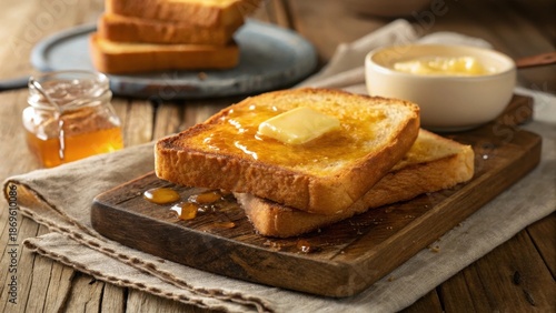Golden toast slice with melted butter glistening on a wooden board