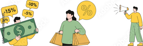 Shopping discount and sale promotion concept with percentage symbols, money, shopping bags and megaphone flat vector illustration isolated