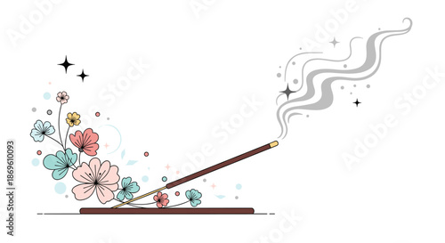 Burning incense stick releases aromatic smoke surrounded by delicate flowers and sparkling stars on a white background symbolizing tranquility meditation and spiritual practices.