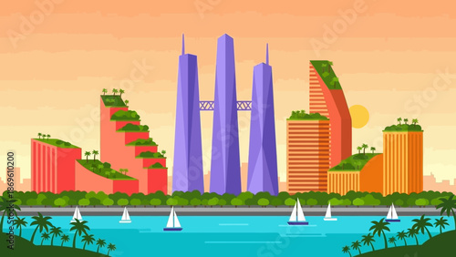 Vibrant cityscape with modern skyscrapers and sailboats on serene water.