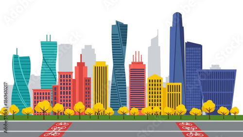 Vibrant cityscape with diverse modern buildings and urban landscape.