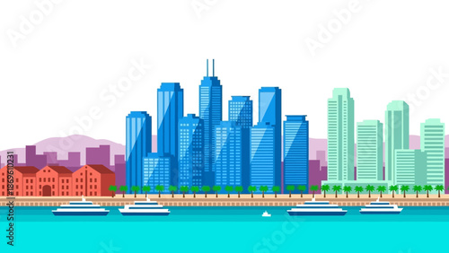 Vibrant City Skyline with Boats on the Waterfront.