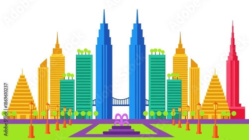 Colorful cityscape with modern skyscrapers and vibrant buildings.