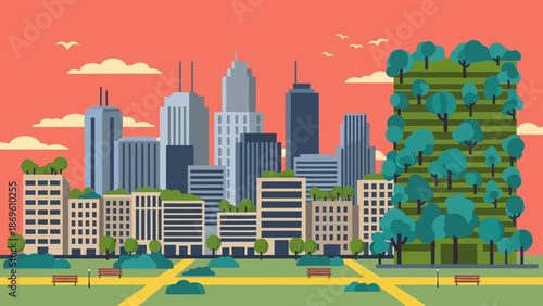 Vibrant Cityscape with Modern Skyscrapers and Lush Greenery.
