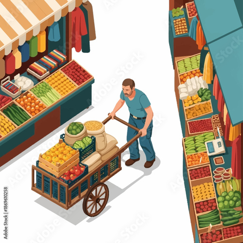 Man pushing a cart full of fresh produce at a bustling market.