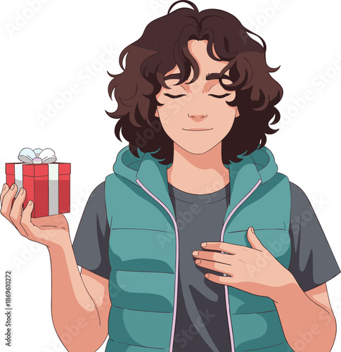 Happy person holding small red gift box, wearing teal puffer vest, curly brown hair, closed eyes, expression of gratitude, appreciation, joy, kindness.