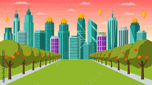 Vibrant Cityscape with Green Park and Hot Air Balloons.