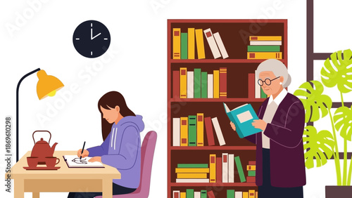 Woman writing at desk with older woman reading near bookshelf.