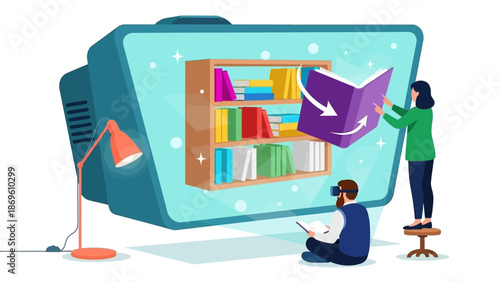 Illustration of people interacting with a large television displaying a bookshelf.