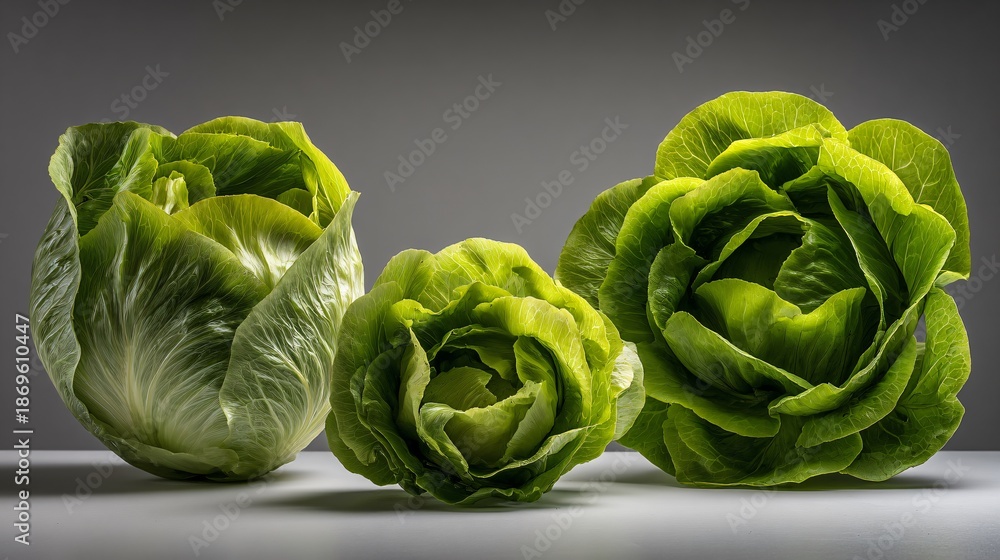Fototapeta premium Lettuce arranged as minimalist still life, museum-style lighting, gray backdrop