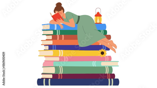 Woman lying on a stack of colorful books reading.