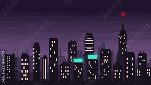 City skyline at dusk with illuminated buildings and skyscrapers.